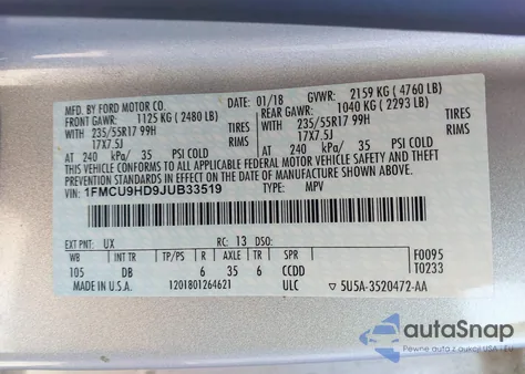 2018 Ford Escape Sel z USA, uszkodzony, nr VIN 1FMCU9HD9JUB33519